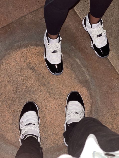 Matching Shoes For Couples Jordans, Jordan 1 Matching Couple, Air Jordans Couple, Jordan 11 Gratitude Outfit, Black And White Jordan 11, Matching Couple Shoes, Jordan 11 Black And White, Couples Jordans Shoes Relationship Goals, Concord 11s