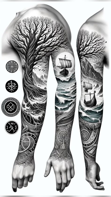 Full Sleeve Tree Tattoo, Viking Themed Tattoo, Nordic Full Sleeve Tattoo, Full Arm Tattoo Men Sleeve Art Designs, Viking Sleeve Tattoo Design, Viking Theme Tattoo, Yggdrasil Tattoo Vikings, Norse Sleeve Tattoo, Viking Ship Tattoo Design