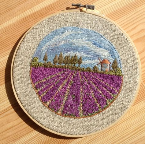 Embroidered Scenery, Creativity Block, Field Embroidery, Scenery Embroidery, Landscape Lavender, French Landscape, Flowers Wall Decor, Lavender Field, Learn Embroidery