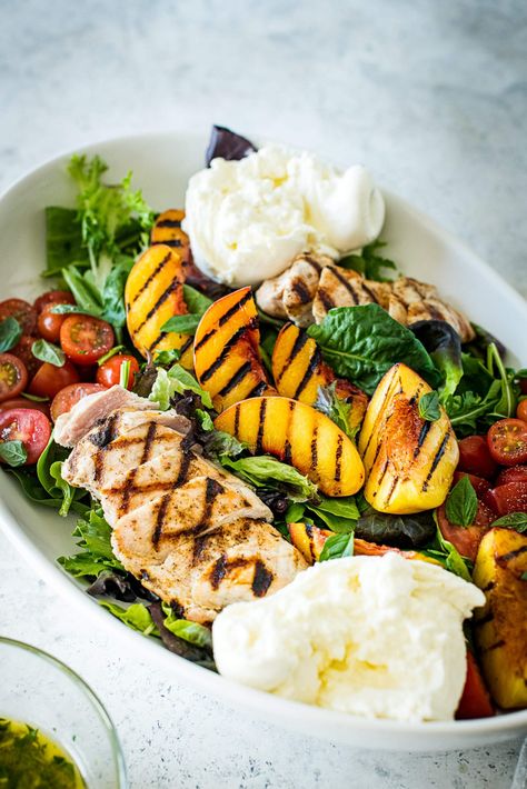 Charred Peach & Chicken Salad with Creamy Burrata – GetJoyfull Peach Chicken Salad, Half Baked Harvest Tomato Peach Burrata Salad, Peach Grilled Chicken, Burrata Peach Salad Recipe, Grilled Peach Burrata, Peach And Arugula Salad With Burrata, Grilled Peach And Burrata Salad, Zucchini Fries Baked, Parmesan Crusted Zucchini