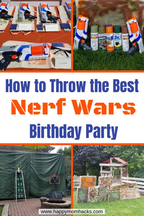 Ultimate Nerf Wars Birthday Party Ideas and Games. Learn how to host an easy DIY party by building bases, playing capture the flag and create favors and goody bags. All you need to know for a unforgettable Nerf Gun Birthday party!! #nerfwars, #kidsbirthday, #nerfgunbirthday Nerf Games, Camo Party, Nerf Birthday Party, Nerf Party, Outdoor Birthday, 9th Birthday Parties, Diy Birthday Party, Birthday Party Planning, Birthday Party Games