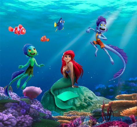 A cross over of different disney sea creatures. Disney Sea Characters, Lucas Fanart, Luca Fanart, Procreate Artwork, Disney Fairies Pixie Hollow, Comfort Movie, Cartoon City, Fanfic Ideas, Disney Character Art