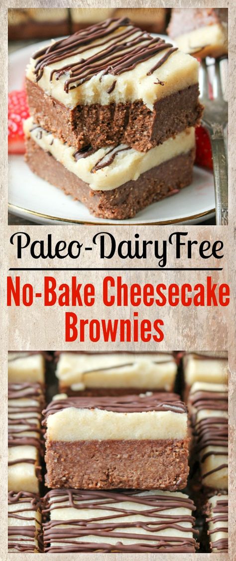 These Paleo No-Bake Cheesecake Brownies are easy, rich, and crazy good! A simple chocolate brownie crust and a cashew-based, super smooth cheesecake topping. Completely dairy free, gluten free, and naturally sweetened, but everyone will love them! Paleo Cheesecake Recipes, Paleo No Bake Cheesecake, No Bake Paleo Dessert, Paleo Cheesecake, Smooth Cheesecake, Brownie Crust, Cheesecake Topping, Paleo Friendly Desserts, Paleo Brownies