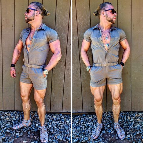 Jumpsuit / Male Romper w/ Gladiator Sandals Male Romper, Jason From Friday The 13th, We Live In A Society, Romper Men, Mens Indian Wear, Traveler Master, Fab Dress, Big Men Fashion, African Clothing For Men