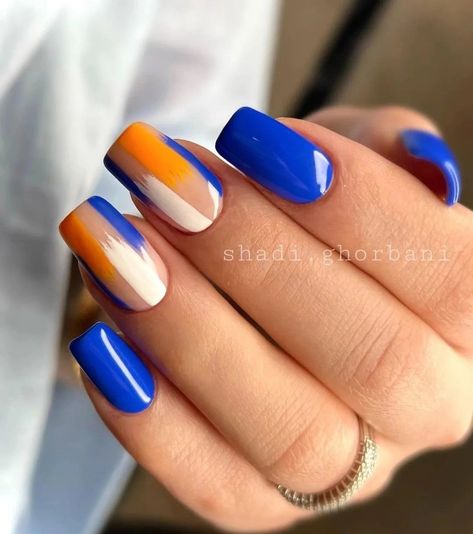 Orange And Royal Blue Nails, Blue Orange And White Nails, Blue And Orange Nail Ideas, Orange And Blue Nails Design, Blue And White Nails Short, Orange And Blue Nails, Jamaica Nails, Bio Sculpture Nails, Tiger Nails