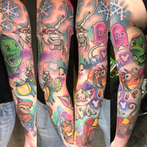 Disney Patchwork Tattoo Sleeve, Disney Tattoo Ideas For Women, Disney Tattoo Filler Ideas, Collage Tattoos For Women, Disney Arm Sleeve, Disney Collage Tattoo, Bright Sleeve Tattoos, Disney Sleeve Tattoo For Women, Disney Patchwork Tattoo