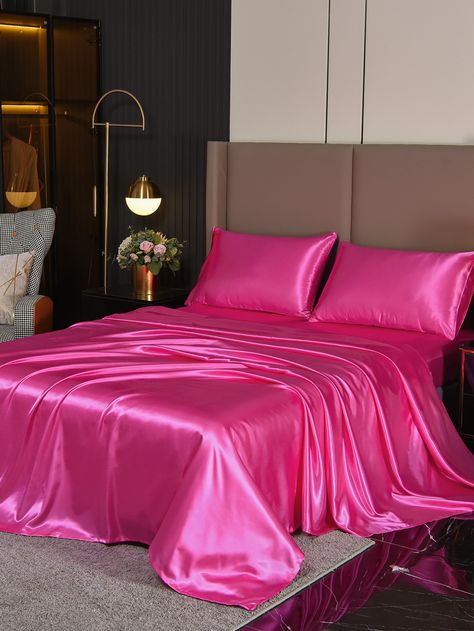 4pcs Plain Satin Sheet Set Without Filler, 1pc Fitted Sheet & 1pc Flat Sheet & 2pcs Pillowcase, BeddingI discovered amazing products on SHEIN.com, come check them out! Queen Size Sheets, Satin Bedding, Satin Sheets, Room Deco, Apartment Decor Inspiration, Pink Room, Room Makeover Inspiration, Room Inspiration Bedroom, Bed Sheet Sets