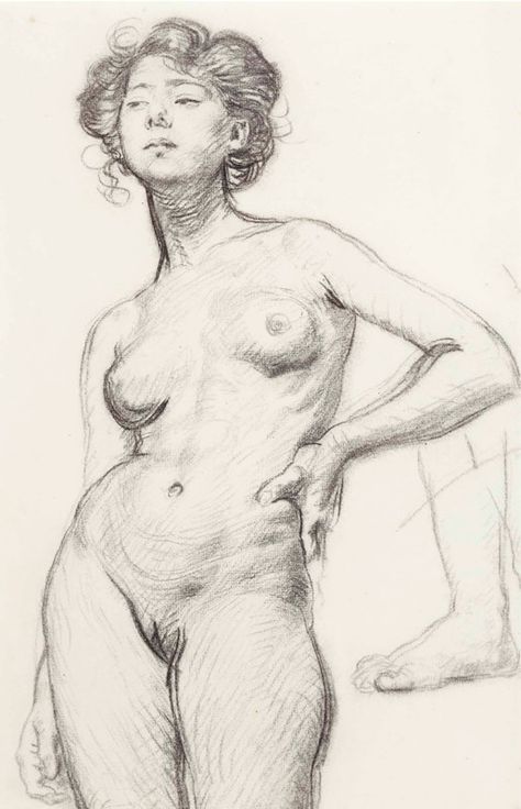 Augustus John - A Female Nude, c.1898 Life Drawing Reference, Human Figure Sketches, Arte Peculiar, Female Drawing, Human Anatomy Drawing, Human Figure Drawing, Female Art Painting, Figure Sketching, Anatomy Art