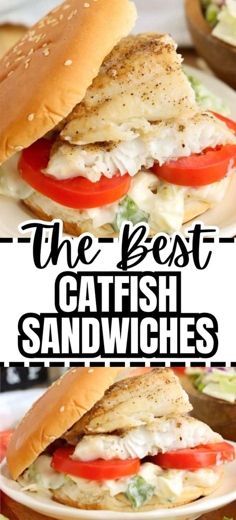 Collage of catfish sandwich with coleslaw and tomato at top and bottom. Low Carb Fish Sandwich, Fish Filet Sandwiches, Copycat Mcdonald’s Filet O Fish, Mcdonald’s Fish Sandwich, Seafood Sandwiches, Catfish Po'boy Sandwich, Bbq Dishes, Kinds Of Desserts, Coleslaw Mix