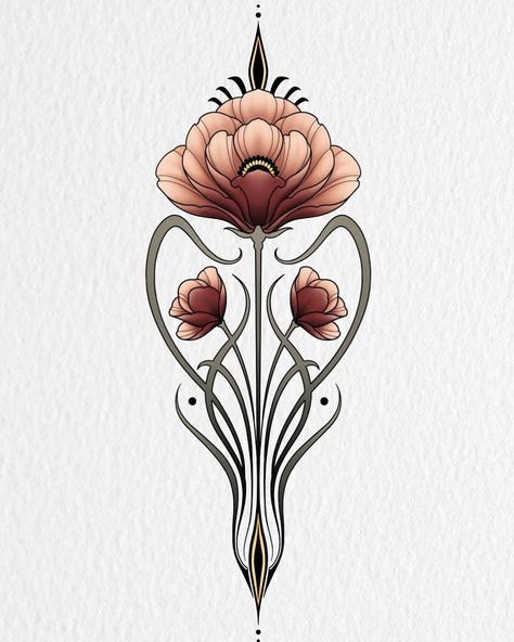 Art Nouveau Orchid Tattoo, Art Nouveau Floral Tattoo, Art Nouveau Tattoo Flower, Art Nouveau Flowers Illustration, Art Nouveau Tulip, Art Nouveau Tattoo Design, Art Nouveau Rose, Marigold Tattoo, Fleurs Art Nouveau