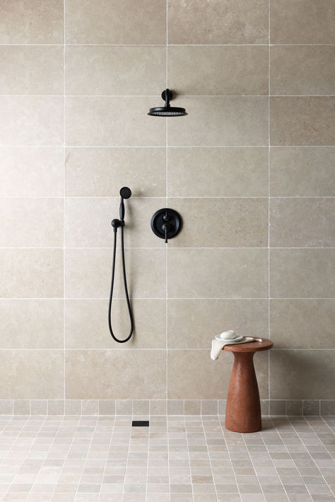 Beige limestone shower Beige Shower Tile Ideas, Beige Shower Tile, Akdo Tile, Warm Beige, Natural Stone Tile, Marble Tiles, Stone Tiles, Shower Tile, Thing 1 Thing 2