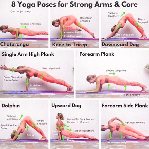 ✨8 YOGA POSES FOR STRONG ARMS & CORE✨ . Yoga is incredible for strengthening the upper body and core. Not only will you feel like superwoman, (or superman), 💪🏽💪🏽💪🏽 but these moves will tone, define, and refine your muscles! 😉 Plus these are the perfect set of poses to do if you're working on handstands! . I am posting these exercises to my blog, so sign up for my ActionJacquelyn.com blog (link in bio) if you haven't yet!! . Directions ✅: •Downdog, Dolphin, Forearm Plank, and Side Plank: Core Burner, Core Yoga Poses, Ab And Arm Workout, Arm Yoga, Functional Core, Yin Poses, Body Tension, Redefining Strength, Core Yoga