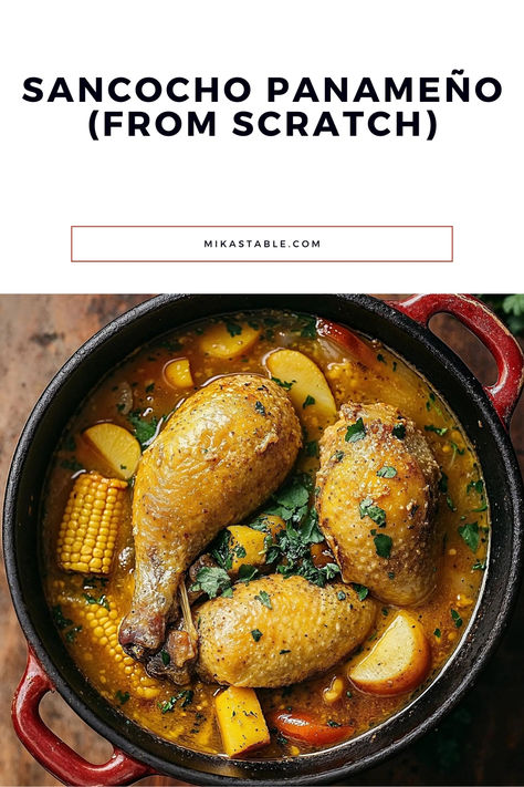 Close-up of a large bowl filled with Sancocho Panameño in a rich, savory broth. The soup features chunks of chicken, yuca, ñame, and corn, garnished with fresh cilantro. The bowl is set on a rustic wooden table with a spoon resting beside it, and a few fresh herbs and a piece of crusty bread are visible in the background. The vibrant colors and hearty ingredients highlight the dish’s comforting nature. Panamanian Recipes, Sancocho Recipe, Guyanese Food, Panamanian Food, Seafood Soups, Haitian Recipes, Caribbean Chicken, Corn Dishes, Chicken Soup Recipe