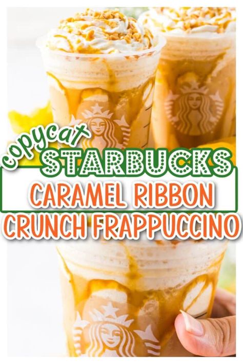 caramel ribbon crunch frappuccino, copycat starbucks, copycat starbucks caramel frappuccino, homemade starbucks, how to make starbucks at home, starbucks most ordered drink At Home Carmel Frappe, Starbucks Carmel Ribbon Crunch Frappe Recipe, Caramel Cappuccino Starbucks, Carmel Crunch Frapp, Carmel Ribbon Crunch Frappachino Recipe, Carmel Ribbon Crunch Recipe, How To Make Caramel Frappe At Home, Caramel Ribbon Crunch Starbucks, Carmel Ribbon Crunch Starbucks Copycat