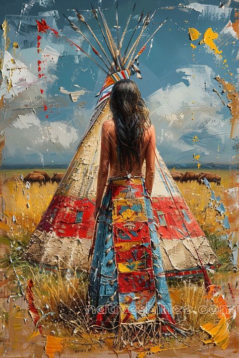 This striking canvas portrays a powerful figure gazing out at the horizon, embodying the resilience and fortitude of a warrior. With the teepee as a backdrop and a faint herd of buffalo crossing the horizon, it celebrates the heritage, wisdom, and endurance passed down through generations. The warm tones and textures invoke a sense of pride and determination, perfect for any space that seeks to honor the Native American culture. Vatican City, American Culture, Native Art, Macedonia, The Horizon, Serbia, Bosnia And Herzegovina, Hungary, Finland