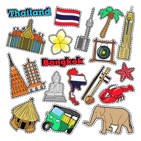 Travel Elements, Fashion Stickers, Thailand Flag, Thailand Tourism, Temple Thailand, Voucher Design, Thailand Adventure, Vector Doodle, Doodle Vector