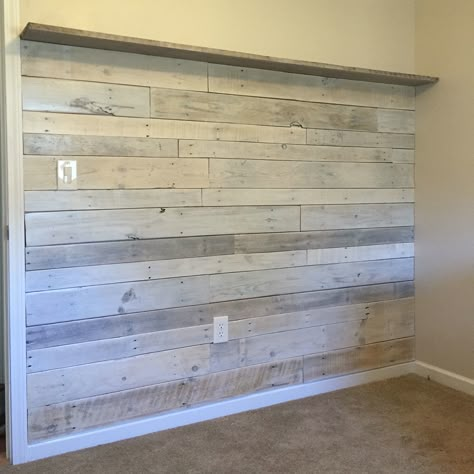 Pallet Wall Nursery, Shelf In Nursery, Pallett Wall, Pallet Wall Ideas, Ranch Interior, Pallet Bank, Pallet Accent Wall, Cedar Tongue And Groove, Wooden Accent Wall