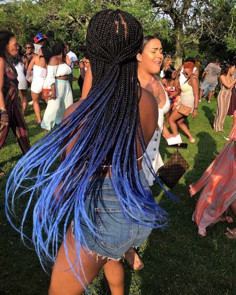 Box Braids With Blue, Blue Boho Braids, Dark Blue Braids, Blue Knotless Braids, Blue Knotless, Blue And Black Braids, Black Braids Hairstyles, Braids Blue, Blue Box Braids