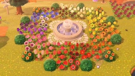 Acnh Flowers Layout, Acnh All Flowers Garden, Animal Crossing Flower Field Ideas, Acnh Flower Field Layout, Flower Farm Animal Crossing, Acnh Wildflower Design, Acnh Rainbow Flower Garden Layout, Animal Crossing Rainbow Garden, Acnh Flower Fields