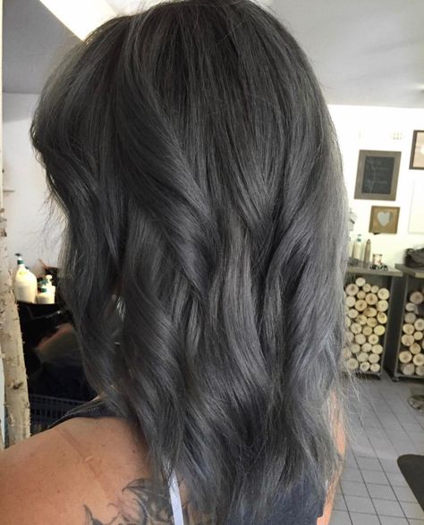 Dark Smokey Grey Hair, Dark Grey Hair Charcoal Short, Dark Gray Hair Color Ideas, Dark Grey Hair Charcoal, Dark Gray Hair Color, Smokey Grey Hair, Deep Ash Brown Hair, Silver Pixie Hair, Gunmetal Hair