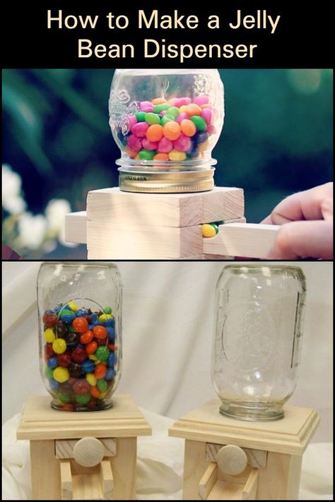 OK, so here’s a fun project you can make with your kids… a fun and cute jelly bean dispenser! Jelly Bean Dispenser, Dispenser Diy, Woodworking Kits, Woodworking Plans Beginner, Wood Projects For Beginners, Wood Crafting Tools, Candy Dispenser, Woodworking For Kids, Do It Yourself Crafts