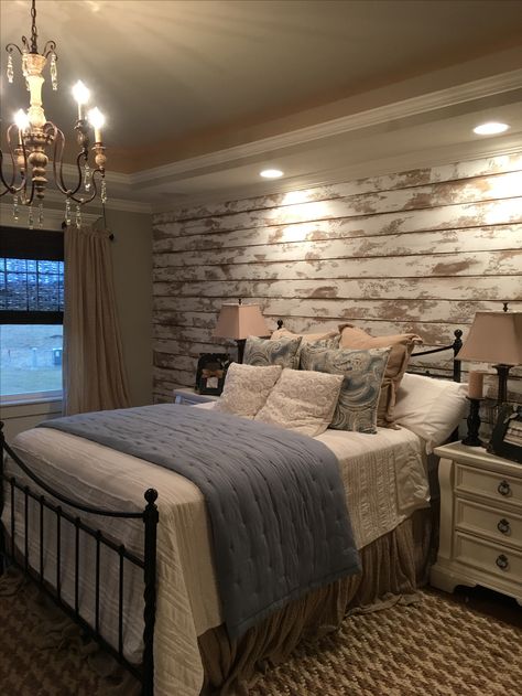 Love this distressed wood accent wall in the master bedroom Wood Accent Wall Bedroom, Wood Bedroom Furniture, House Details, Bedroom Accent, Accent Wall Bedroom, Farmhouse Bedroom Decor, Wood Bedroom, Styl Boho, Simple Bedroom