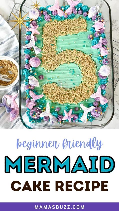 Mermaid Sheet Cake (Beautiful Beginner Recipe) Mermaid Sheet Cake, Diy Mermaid Cake, Easy Kids Birthday Cakes, Mermaid Sheets, Little Mermaid Birthday Cake, Mermaid Birthday Party Food, Mermaid Birthday Cake, Birthday Cake Tutorial, Cake Inside