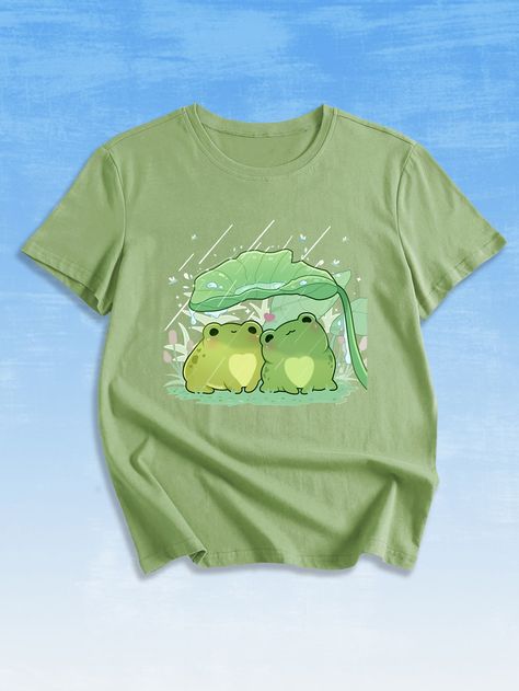 Olive Green Casual  Short Sleeve Cotton Cartoon  Embellished Slight Stretch Summer Women Tops, Blouses & Tee Frog Print, Estilo Harajuku, Frog Design, Frog T Shirts, Cute Frogs, Really Cute Outfits, Kawaii Clothes, Print Tee, Dream Clothes