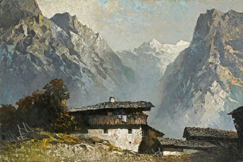 In the Mountainside,1935-39, Oskar Mulley Old Oil Paintings, 수채화 그림, Fantasy Art Landscapes, Mountain Paintings, Traditional Paintings, Gouache Painting, Oil Painting Landscape, Mountain Landscape, Fantasy Landscape