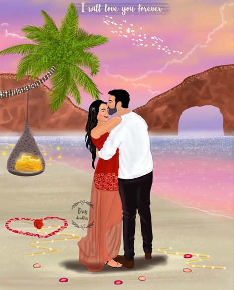 Beach Wedding Illustration, Beach Caricature, Props Illustration, Couple On Beach, Couple Caricature, Couple Illustration Wedding, Wedding Caricature, Illustration Wedding, Wedding Illustration