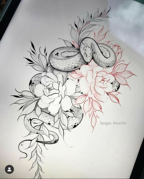 Snake And Flowers Tattoo, Feminine Tattoo Designs, Snake And Flowers, Feminine Nature, Cobra Tattoo, Tier Tattoo, Flower Tattoo Drawings, Nature Tattoo, Snake Tattoo Design