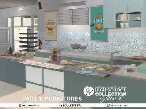 The Sims Resource - Patreon release - High school Cafeteria set part 1 Sims High School, Sims 4 Business, Sims House Build, Sims 4 High School, High School Cafeteria, Sims 4 School, Sims 4 Restaurant, Lotes The Sims 4, Cafeteria Tray