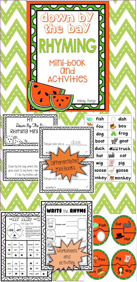 A fun rhyming document that goes along with the well-known song "Down By the Bay". Included is a differentiated mini-book, printable worksheets, and a puzzle great for a center. https://www.teacherspayteachers.com/Product/Down-By-The-Bay-Rhyming-Mini-Book-and-Activities-2091118 Mango Fish, Teaching Bag, Box Fox, Teacher Websites, Preschool Books, Rhyming Words, Interactive Notebooks, Printable Worksheets, Summer Colors