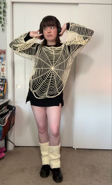 Spiderweb Cardigan Crochet, Spiderweb Sweater Crochet, Halloween Crochet Patterns Clothes, Spiderweb Sweater Crochet Pattern, Spiderweb Top Crochet Pattern, Alt Crochet Sweater, Halloween Crochet Outfits, Ribcage Crochet, Halloween Crochet Clothes