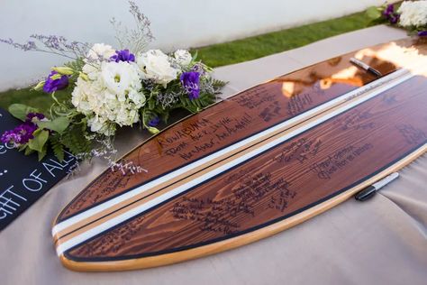 Surfboard, Guest Book Alternative Stained Deck, Beach Chic Wedding, Guest Book For Wedding, Decorative Surfboard, Unique Guest Book Alternatives, Surfboard Table, Beach Wedding Guest Book, Surfboard Coffee Table, Old School Design