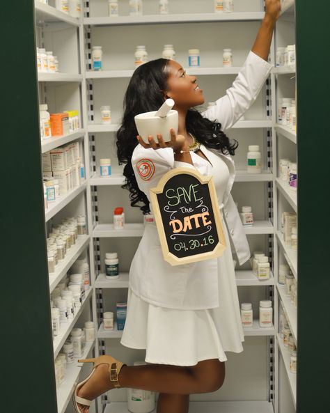 Save the date concept for Pharmacy graduation invitations. Black Pharmacist Aesthetic, Pharmacy Graduation Photoshoot, Pharmacy Tech Photoshoot Ideas, Doctor Of Pharmacy Graduation, Pharmacy Tech Graduation Pictures, Pharmacy Tech Graduation Cap, Pharmacy Tech Photoshoot, Pharmacy Graduation Party Ideas, Pharmd Graduation Pictures