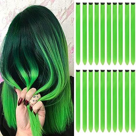 Green Hair Streaks, Colorful Hair Extensions, Green Hair Extensions, Rainbow Hair Extensions, Kid Hair, Hair Extensions Clip, Extensions Clip In, Colored Hair Extensions, Straight Hair Extensions