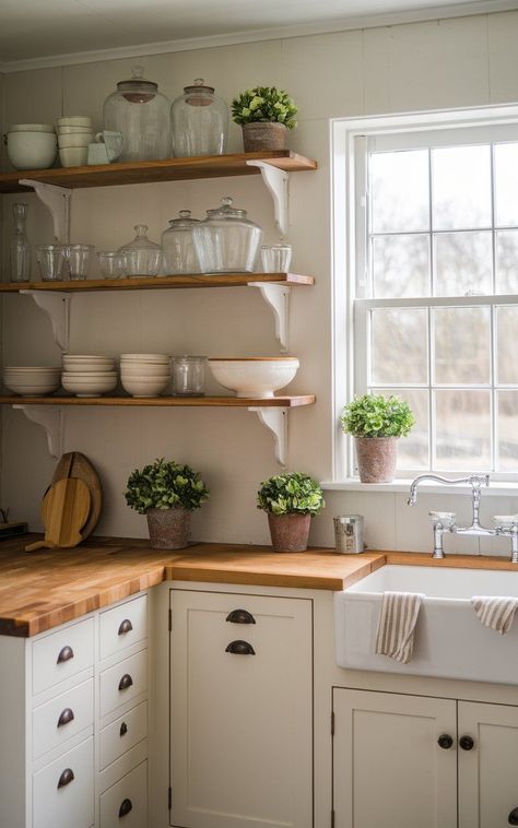 Explore cottage kitchen inspiration to bring warmth and personality to your small cottage kitchen. Whether it’s open shelving or colorful accents, the... Corner Shelf In Kitchen, Open Shelving In The Kitchen Ideas, Cottage Open Shelving, Kitchen Wall Colors With White Cabinets, Small Kitchen Open Shelving, Small Rustic Kitchen, Small Cottage Kitchen Ideas, Open Shelf Kitchen, Cottage Kitchen Shelves