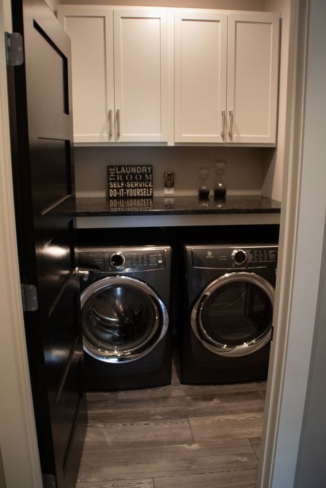 Lake DuBay Multiple Story Condo - Industrial - Industrial - Laundry Room - Other - by Blenker Construction | Houzz Black Washer And Dryer Laundry Room Ideas, Laundry Room Grey Washer And Dryer, Black Laundry Room Ideas, Black Laundry Room, Modern Farmhouse Laundry Room, Industrial Laundry, Black Laundry, Poolhouse Bar, Countertops Ideas