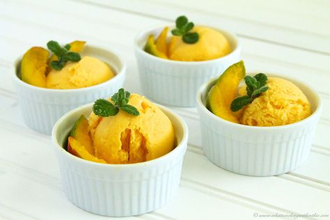 Mango-Greek Yogurt Sherbert by www.whatscookingwithruthie.com Mango Greek Yogurt, Honey Mango, Strawberry Soup, Mango Yogurt, Sherbet Recipes, Yogurt Honey, Whats Cooking, Frozen Mango, Mango Ice Cream