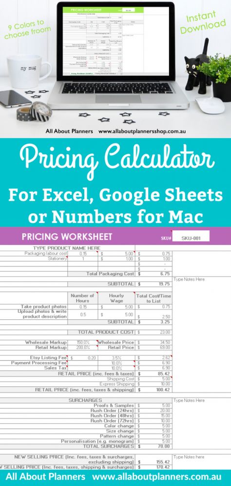 How to price your products (plus a pricing calculator) - All About Planners Product Costing Formula, Pricing Formula For Handmade, Craft Pricing Formula, Product Pricing Worksheet, Pricing Products, Craft Pricing Calculator, Google Sheets Templates, Risk Matrix, Pricing Formula