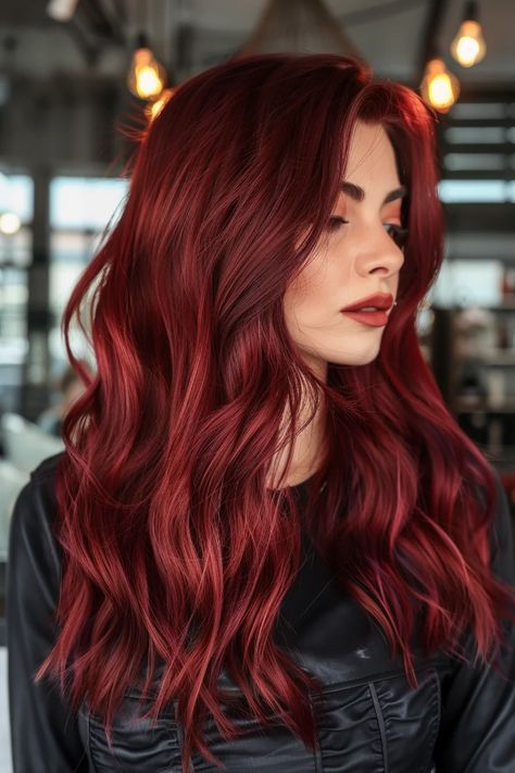 38 Dark Cherry Red Hairstyles That Look Stunning In Every Single Photo Cherry Red Balayage, Edgy Medium Haircuts, Cherry Cola Balayage, Mahogany Highlights, Maroon Highlights, Dark Cherry Red, Wine Hair Color, Red Hairstyles, Cherry Red Hair