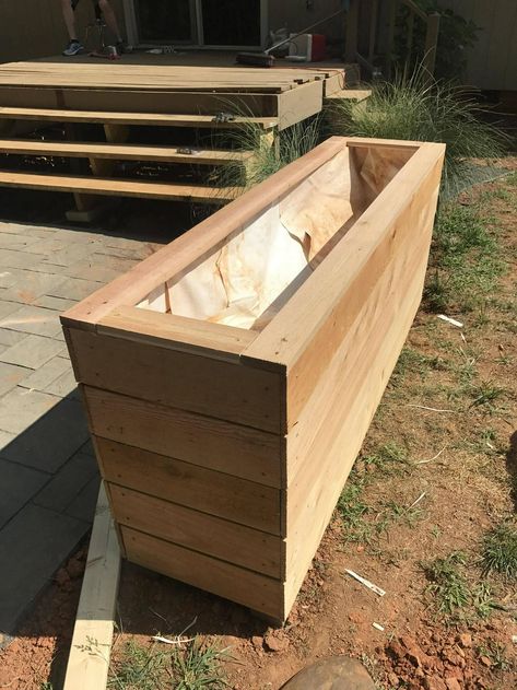 Horizontal Privacy Planter - DIY $25 - Imgur Raised Privacy Planter, Diy Wood Raised Planter Boxes, Rectangle Wood Planter Boxes, Planter Between Garage Doors, Front Porch Planter Boxes, Planter Box In Front Of House, Planter Box Privacy Wall, Courtyard Planter Boxes, Diy Large Planter Boxes