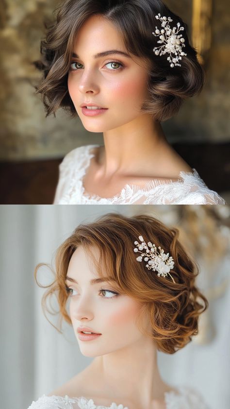 Elegant short hair wedding hairstyle featuring soft curls and a delicate hair accessory, perfect for a chic bridal look Wedding Hair Chin Length, Short Brunette Wedding Hair, Hairstyle For Short Hair For Wedding, Flowers In Short Hair, Bridgerton Hairstyles Short Hair, Wedding Hair Styles Short Hair, Short Hair With Flowers, Short Hair Bun Wedding, Bride Hairstyles Short