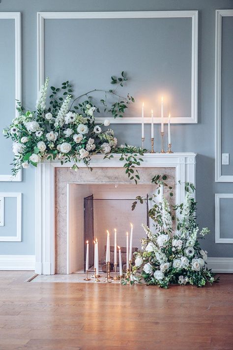 Floral Fireplace Wedding, Wedding Chimney Decoration, Flowers On Fireplace Mantle Wedding, Fireplace Mantel Wedding Flowers, Fireplace Flower Decor, Wedding Flowers Fireplace Mantles, Wedding Ceremony Fireplace Backdrop, Mantle Decor Wedding Fireplace, Fireplace Mantle Florals Wedding