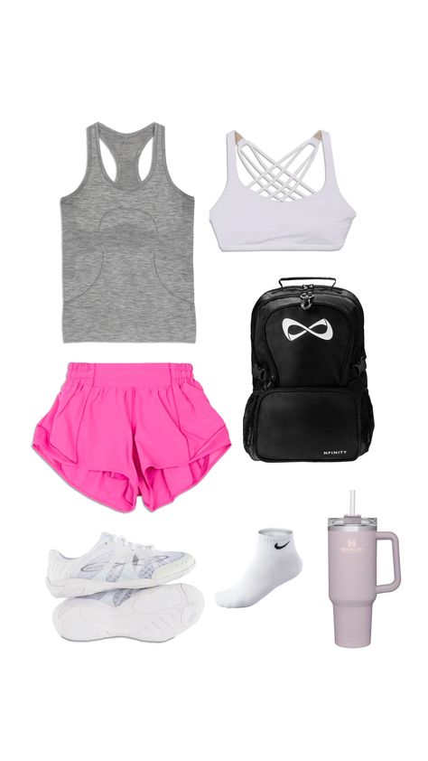 Cheer Training Outfit, Cute Outfits To Wear To Cheer Practice, Sporty Shorts For Summer Cheerleading, Sporty Cheerleading Athletic Shorts, Lululemon Tank Top Outfit, Cute Cheer Practice Outfits, Practice Outfits Cheerleading, Cheer Outfits For Practice, Preppy Cheer Practice Outfits