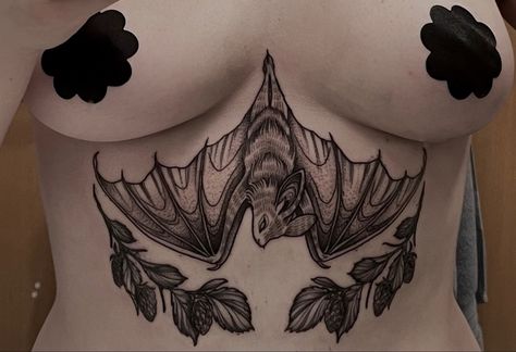 Goth Womb Tattoo, Chest Tattoos Top Surgery, Black Goth Tattoo, Underbust Bat Tattoo, Bat Tattoo On Stomach, Bat Stomach Tattoos Women, Bat Tattoo Under Breast, Goth Half Sleeve Tattoo, Chest Surgery Tattoo