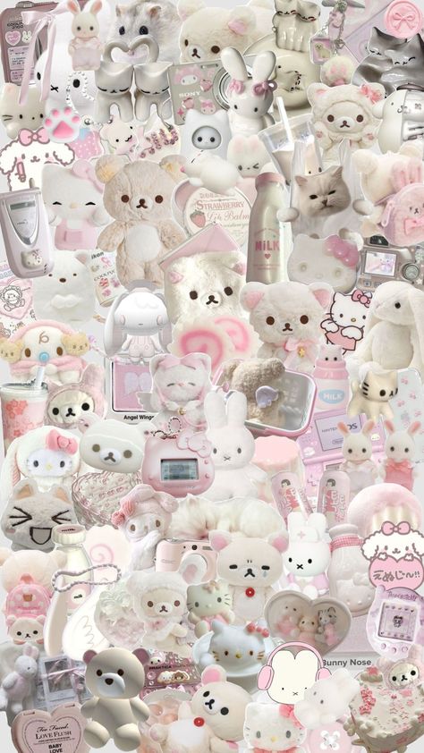 Soft Cute Aesthetic Wallpaper, Plushie Wallpaper Aesthetic, Cluttered Background, Kawaii Wallpaper Ipad, Kawaiicore Wallpaper Iphone, Kawaii Wall Collage, Aesthetic Rilakkuma, Pink Collage Wallpaper, Kawaii Collage Aesthetic