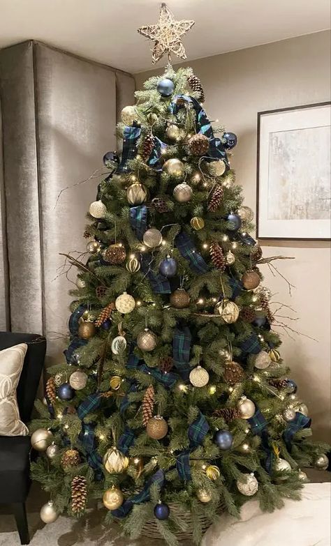 Dark Teal Christmas Tree, Navy Blue And Brown Christmas Tree, Blue Spruce Christmas Tree Decorated, Blue And Gold Christmas Tree Ideas, Green And Blue Christmas Tree, Masculine Christmas Tree, Dark Blue Christmas Tree, Blue And Green Christmas Tree, Blue Spruce Christmas Tree