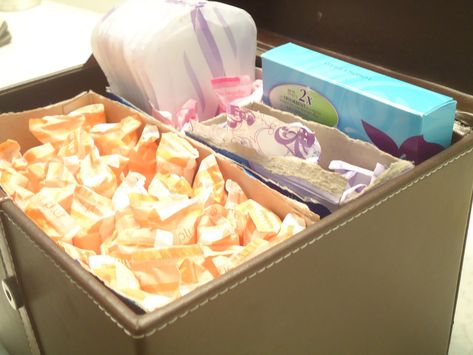 Organizing Feminine Products Feminine Hygiene Organization, Feminine Product Organization, Under Bathroom Sink, Ocd Organization, Feminine Products, Feminine Hygiene, Pretty Box, Glass Shower Doors, How To Organize